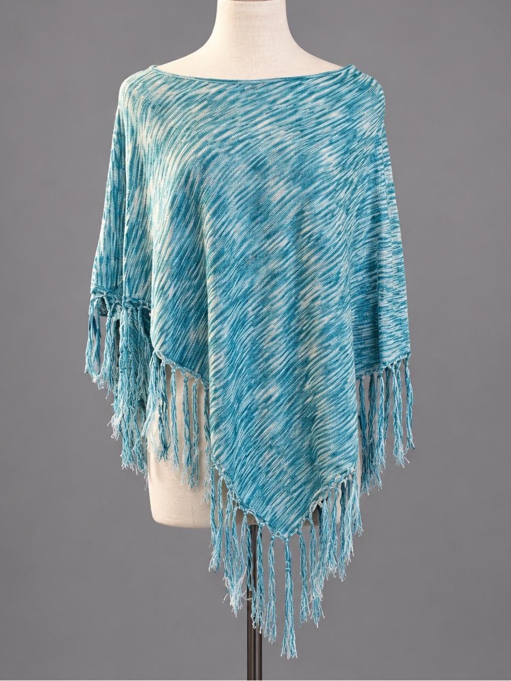 Southwestern Blue White Fringe PONCHO Cape Shawl
